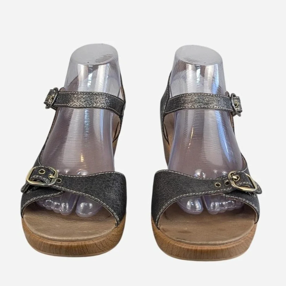 Dansko Joanie Pewter Metallic Leather Platform Sandals Size 9.5-10